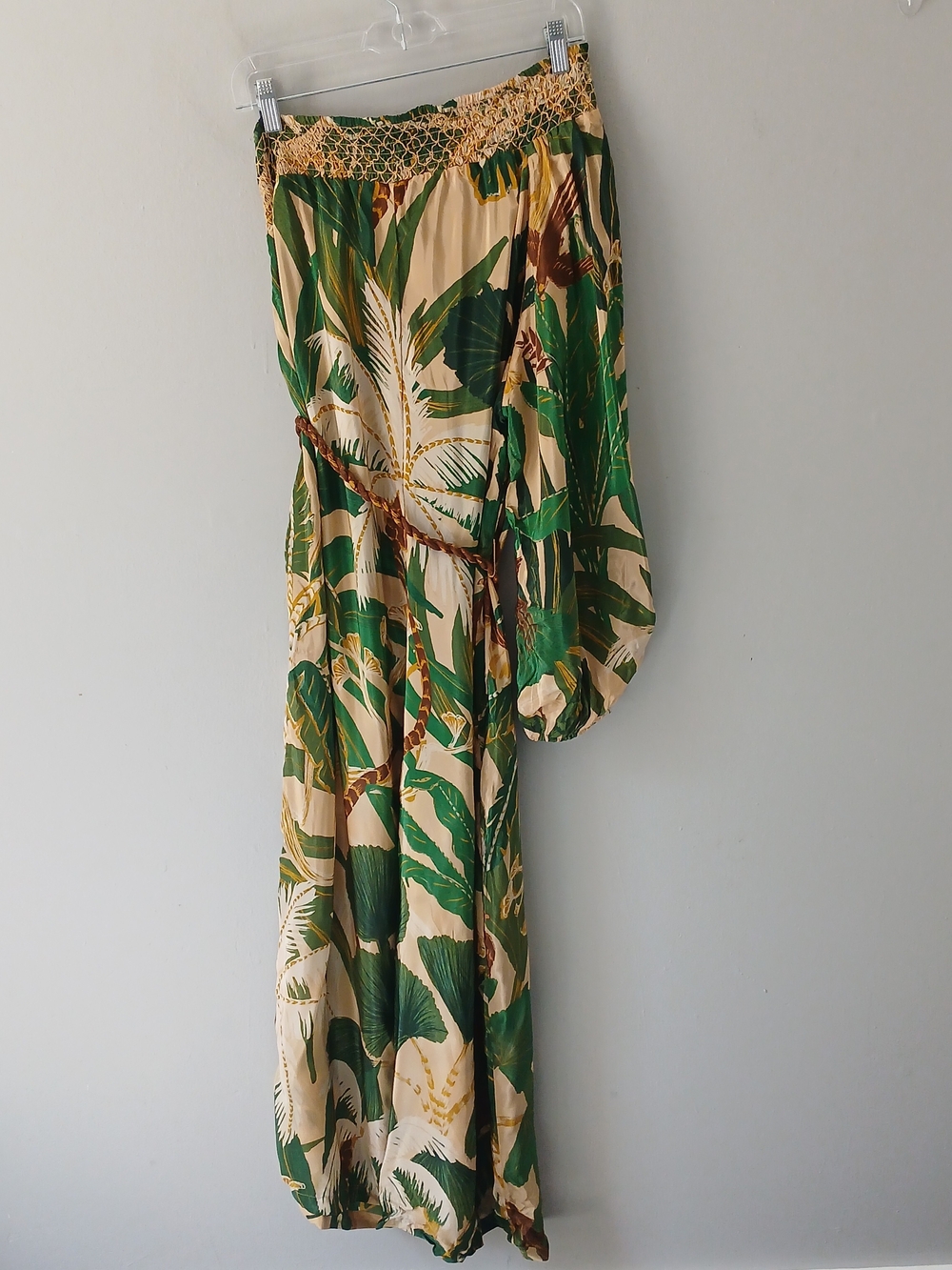 Farm Rio Women's Size Large One-Sleeve Printed Satin Crepe Jumpsuit Wide Leg - Picture 12 of 16